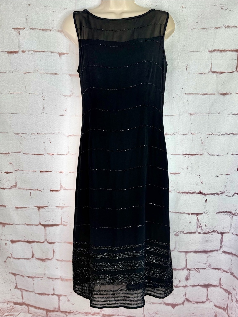 SIGRID OLSEN Black Sheath Sheer Overlay Metallic Thread 10 Cocktail Party Dress - Picture 6 of 14